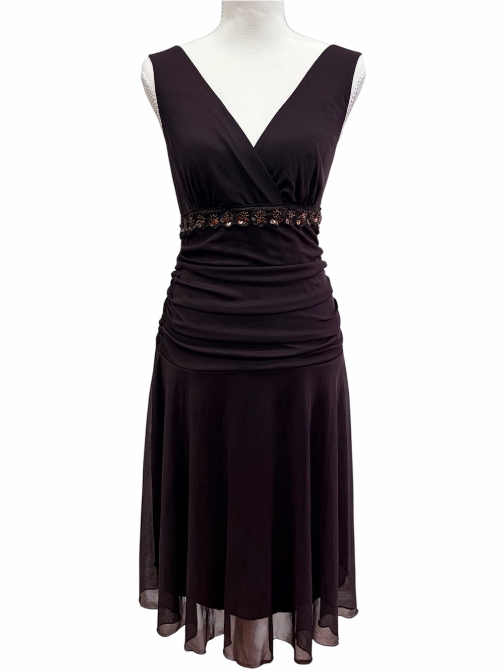 Connected Brown Beaded Waist Ruched Chiffon Cocktail Dress Size 10